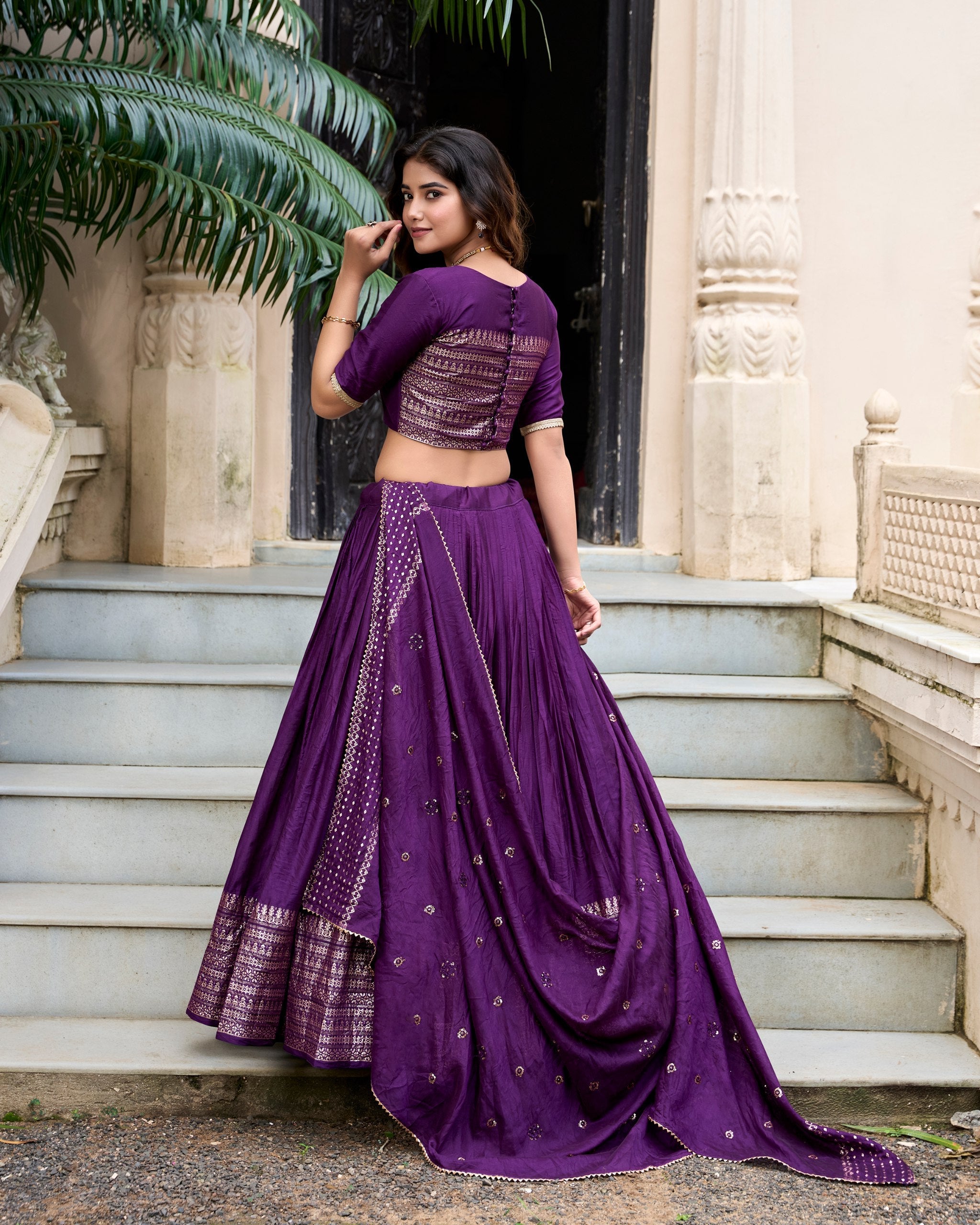 Dark Purple Graceful Elegance Pure Chanderi Lehenga with Zari Border & Sequin Dupatta