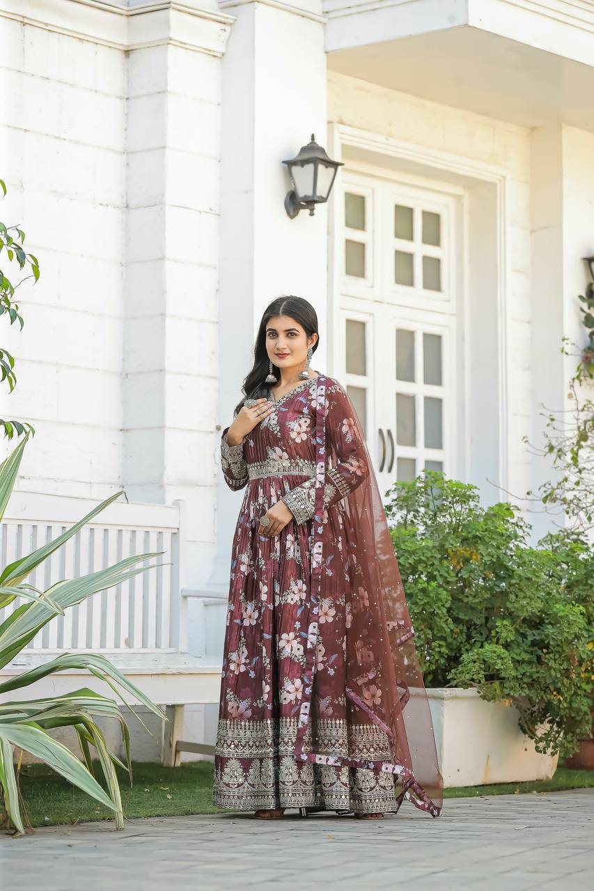 Brown Premium Designer Chinon Silk Printed Gown with Sequence Work