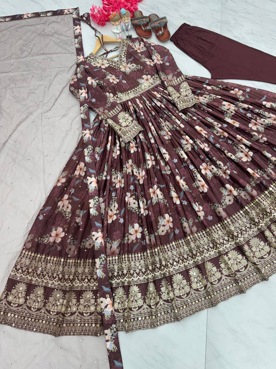 Brown Premium Designer Chinon Silk Printed Gown with Sequence Work