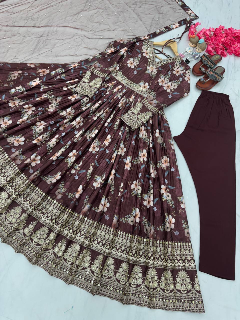 Brown Premium Designer Chinon Silk Printed Gown with Sequence Work
