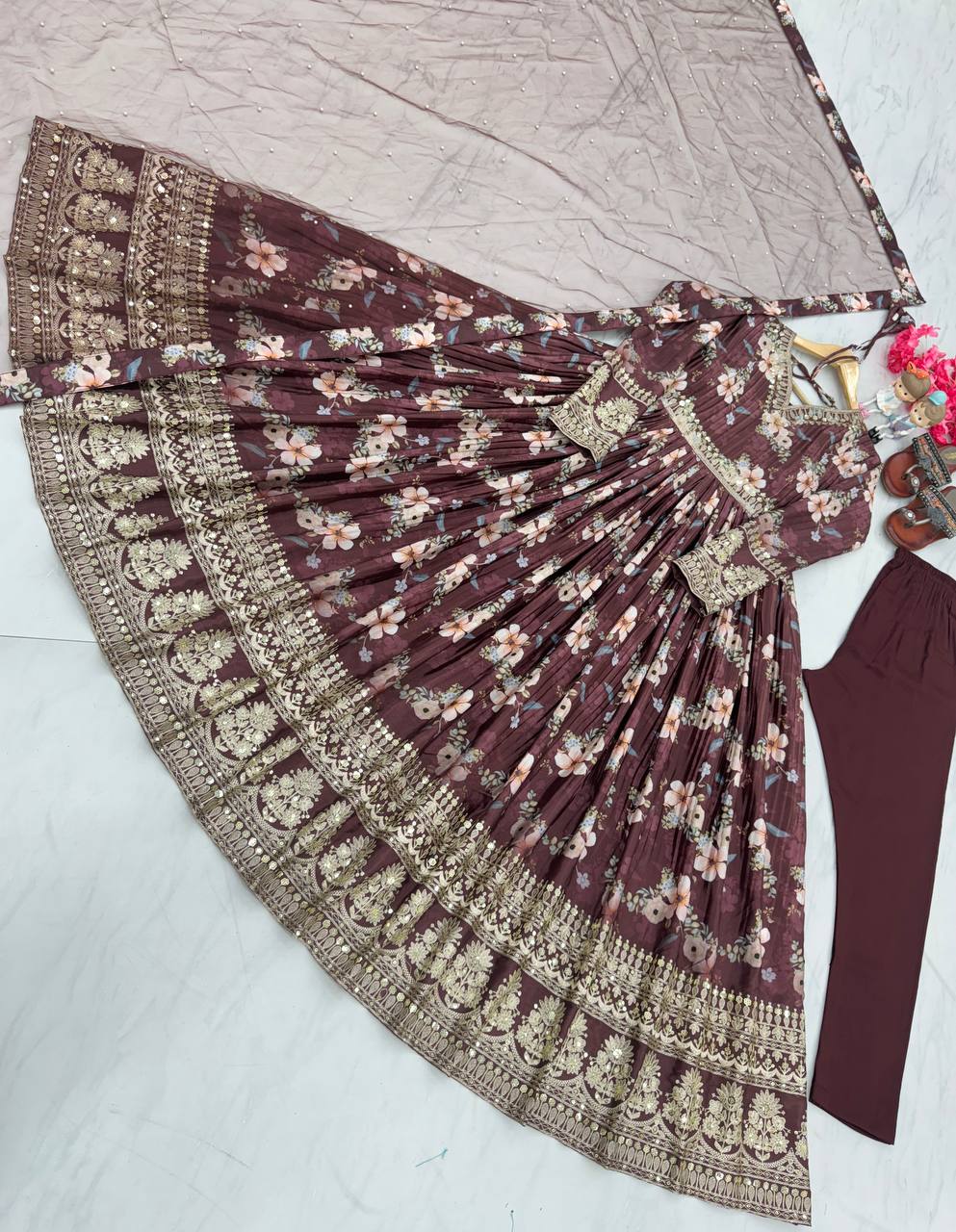 Brown Premium Designer Chinon Silk Printed Gown with Sequence Work