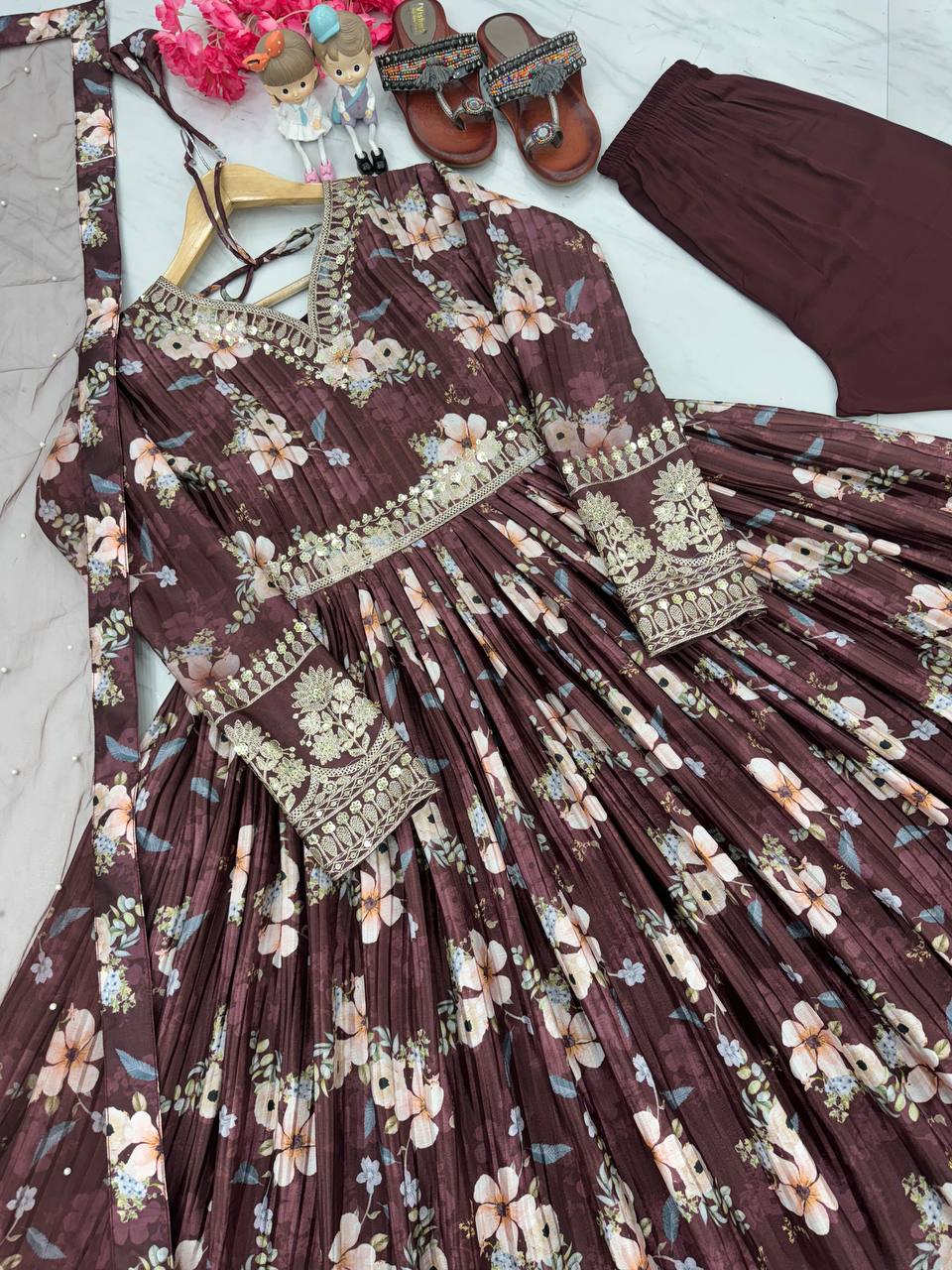 Brown Premium Designer Chinon Silk Printed Gown with Sequence Work
