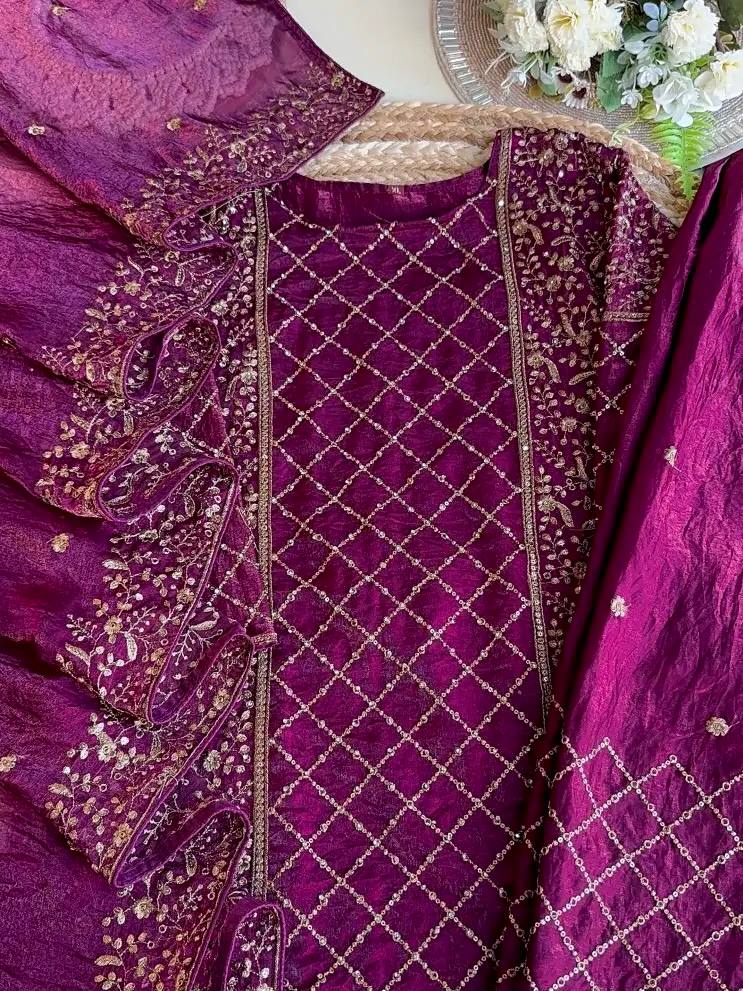 Dark Purple Premium Designer Party Wear Ready-Made Top, Plazzo & Dupatta Set