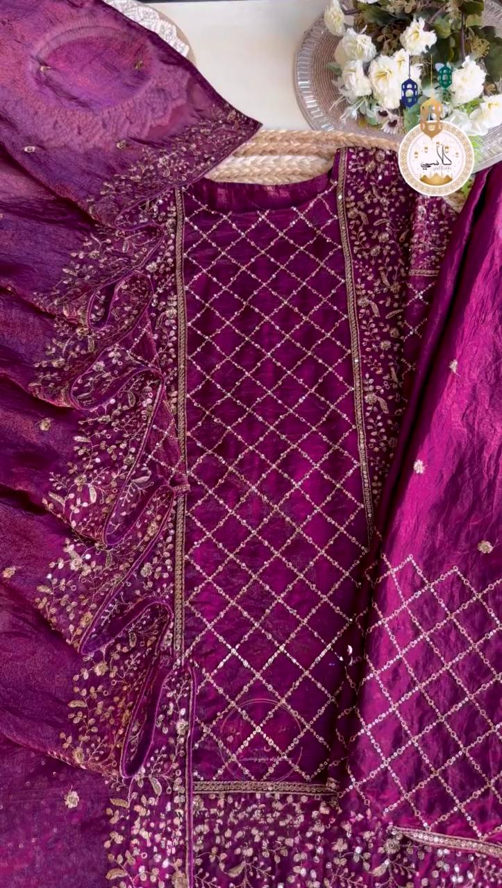 Dark Purple Premium Designer Party Wear Ready-Made Top, Plazzo & Dupatta Set