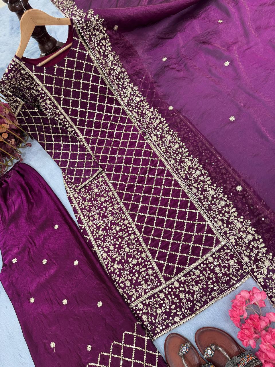 Dark Purple Premium Designer Party Wear Ready-Made Top, Plazzo & Dupatta Set