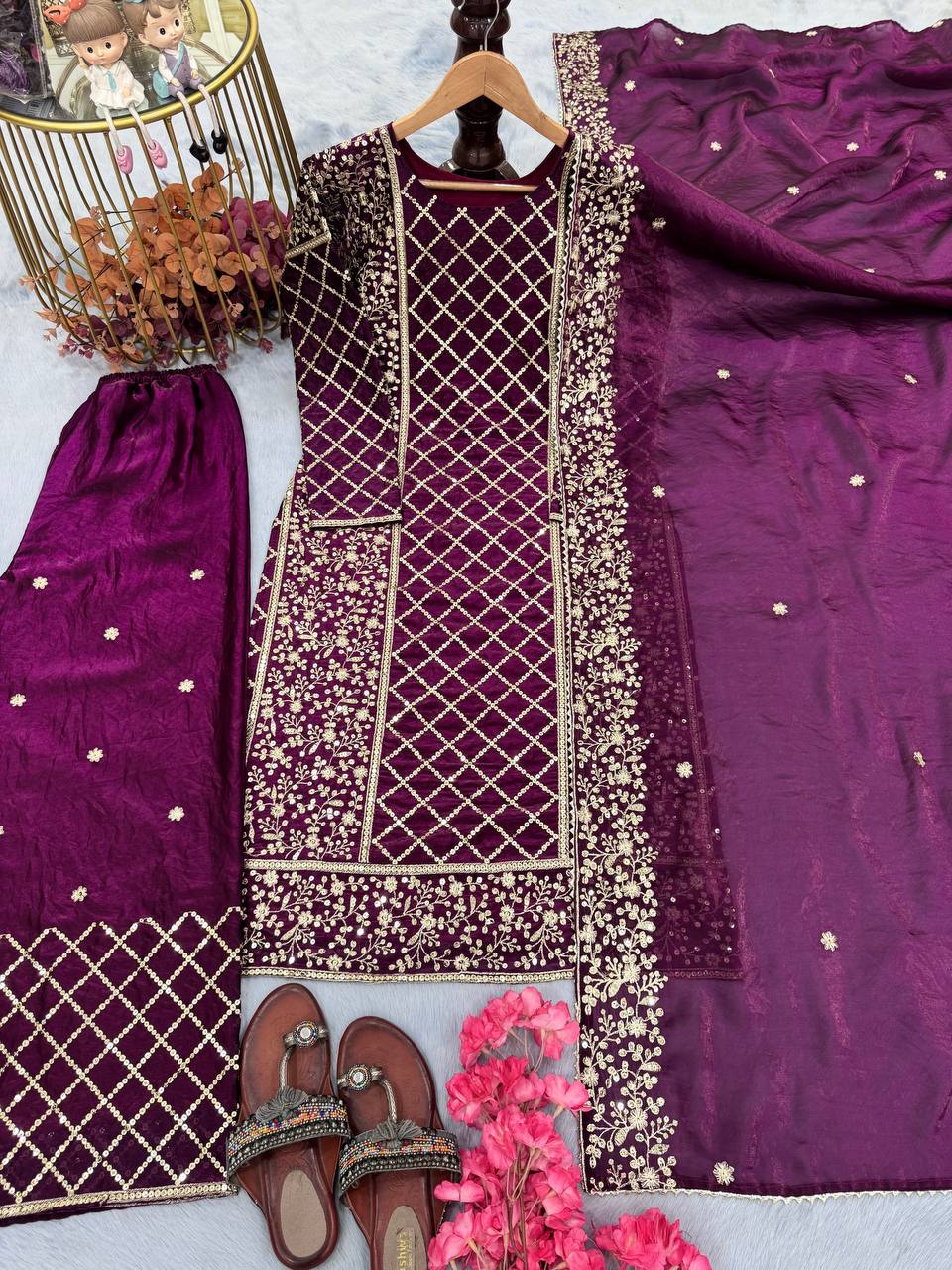 Dark Purple Premium Designer Party Wear Ready-Made Top, Plazzo & Dupatta Set