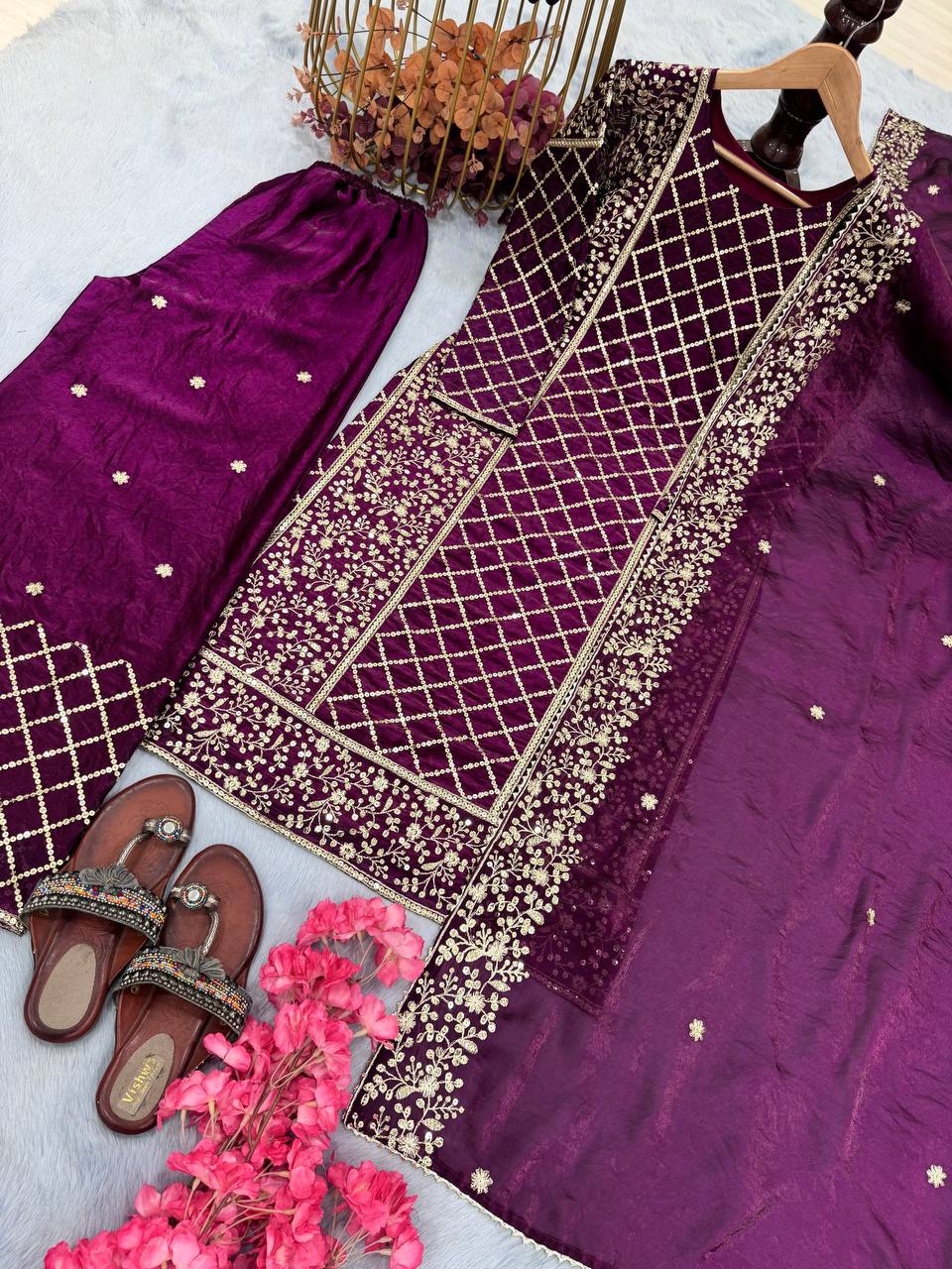 Dark Purple Premium Designer Party Wear Ready-Made Top, Plazzo & Dupatta Set
