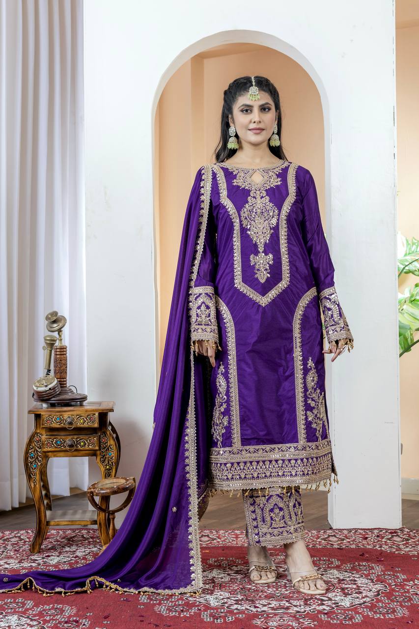 Dark Purple Premium Designer Readymade Chinon Silk Top, Plazzo & Dupatta Set – Party Wear Elegance