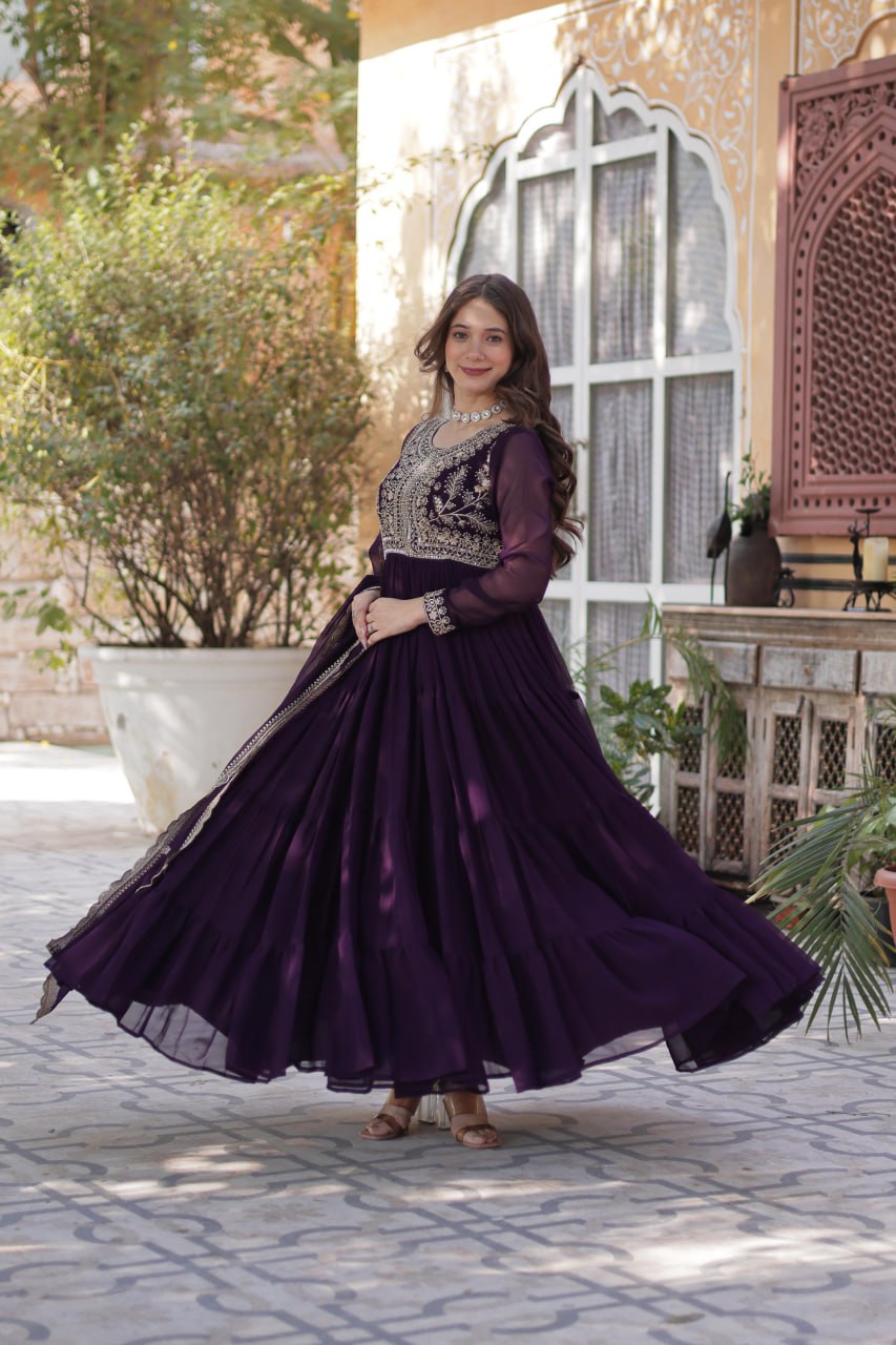 Dark Purple Premium Designer Readymade Gown with Dupatta – Elegant Embroidered Pearl Work