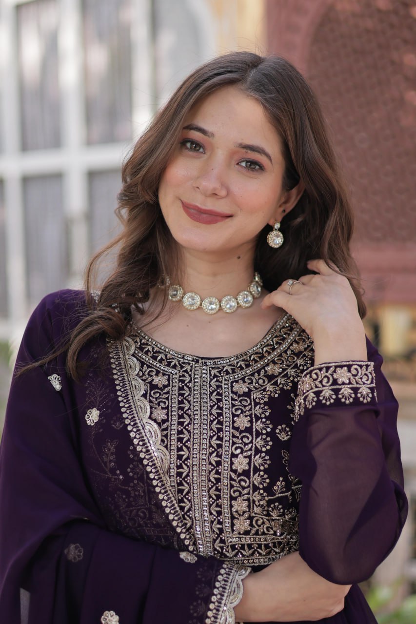 Dark Purple Premium Designer Readymade Gown with Dupatta – Elegant Embroidered Pearl Work
