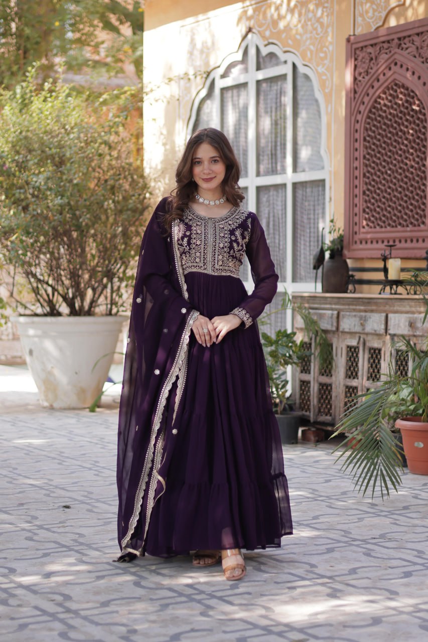 Dark Purple Premium Designer Readymade Gown with Dupatta – Elegant Embroidered Pearl Work