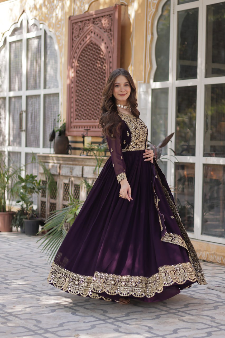 Dark Purple Premium Faux Blooming Embroidered Gown Set with Designer Dupatta