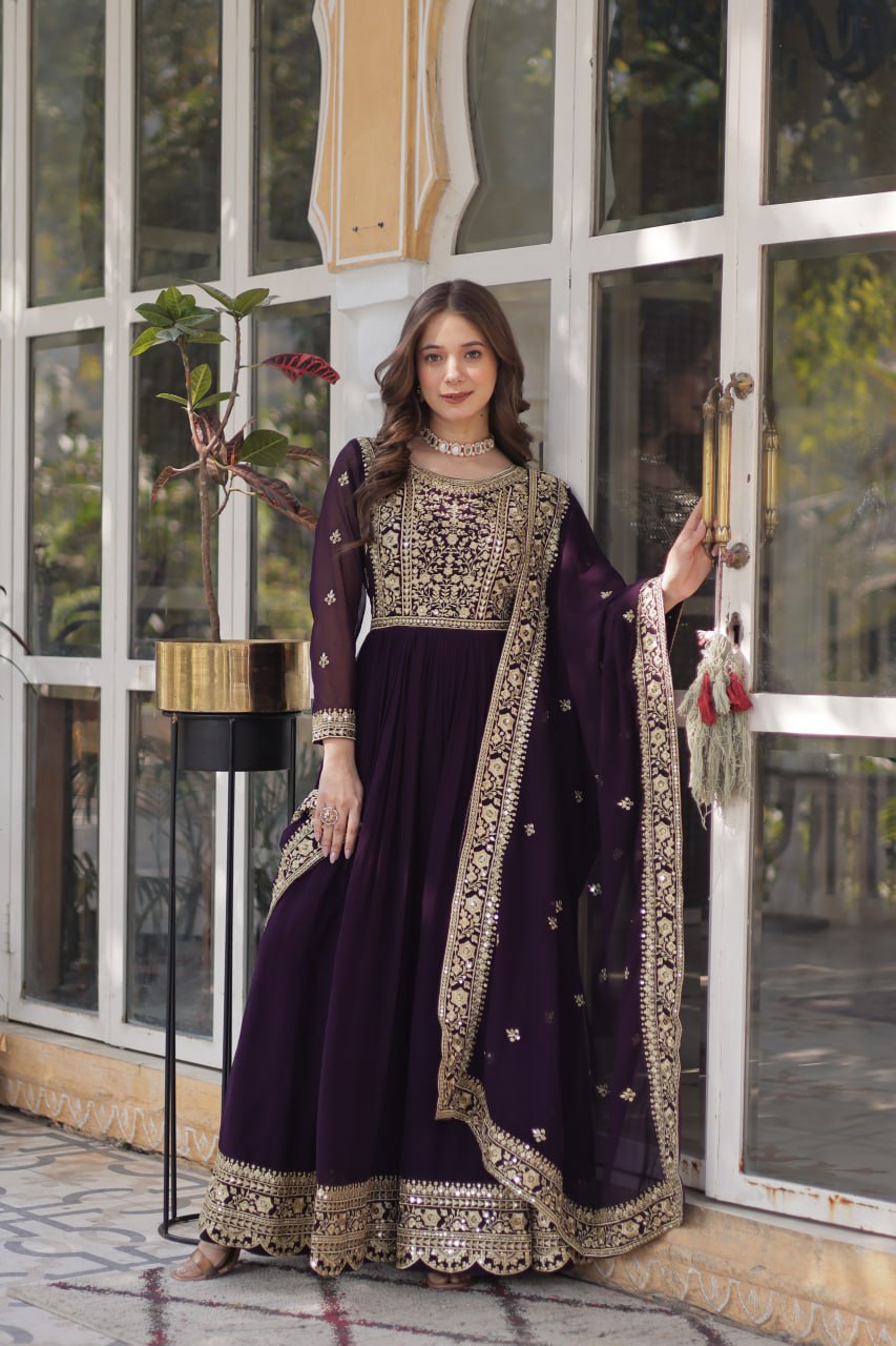 Dark Purple Premium Faux Blooming Embroidered Gown Set with Designer Dupatta