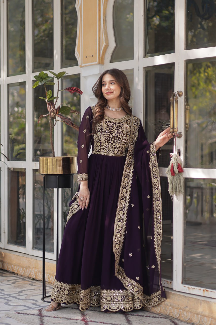 Dark Purple Premium Faux Blooming Embroidered Gown Set with Designer Dupatta