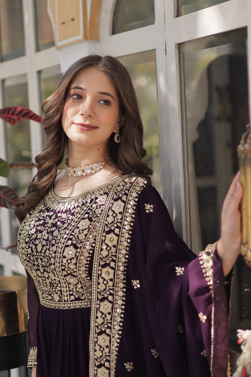 Dark Purple Premium Faux Blooming Embroidered Gown Set with Designer Dupatta