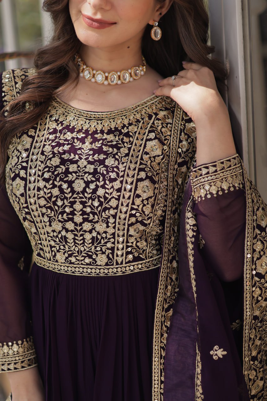 Dark Purple Premium Faux Blooming Embroidered Gown Set with Designer Dupatta