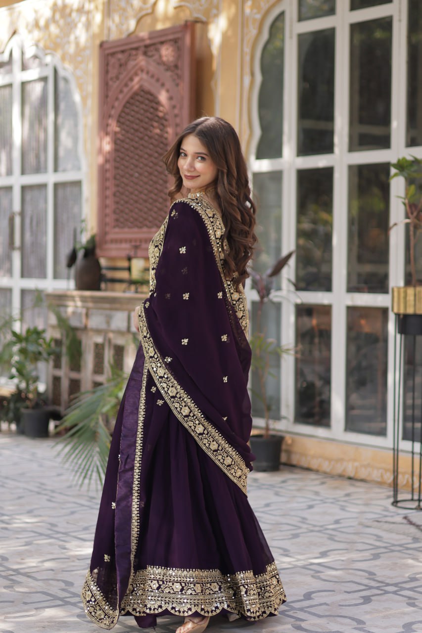 Dark Purple Premium Faux Blooming Embroidered Gown Set with Designer Dupatta
