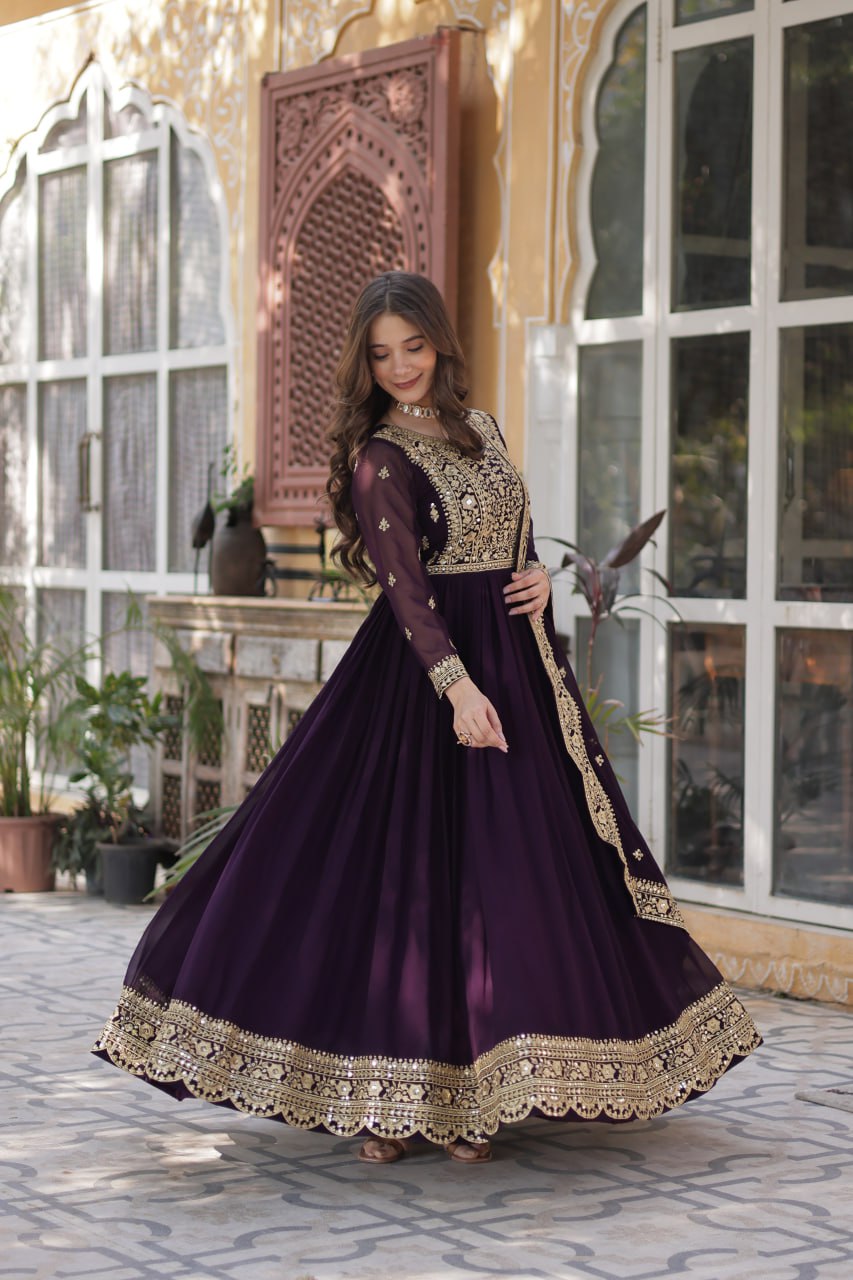 Dark Purple Premium Faux Blooming Embroidered Gown Set with Designer Dupatta