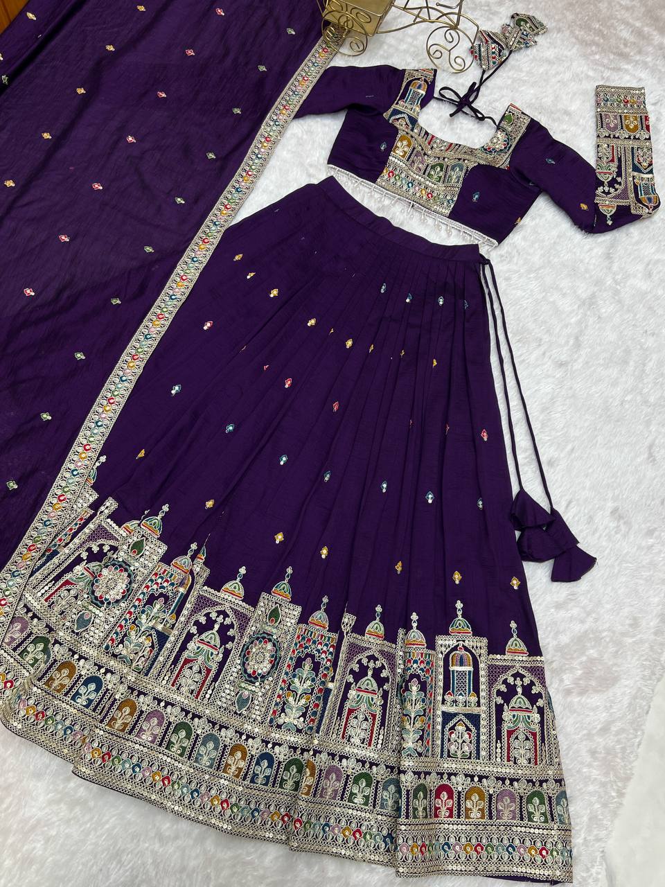 Dark Purple Premium Vichitra Silk Fully Stitched Lehenga Set with Heavy Embroidery & Dupatta