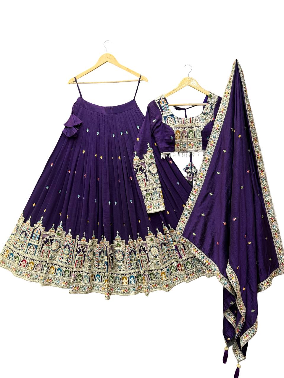 Dark Purple Premium Vichitra Silk Fully Stitched Lehenga Set with Heavy Embroidery & Dupatta