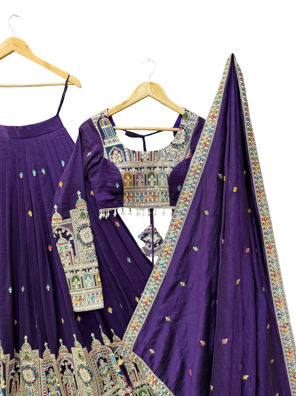 Dark Purple Premium Vichitra Silk Fully Stitched Lehenga Set with Heavy Embroidery & Dupatta