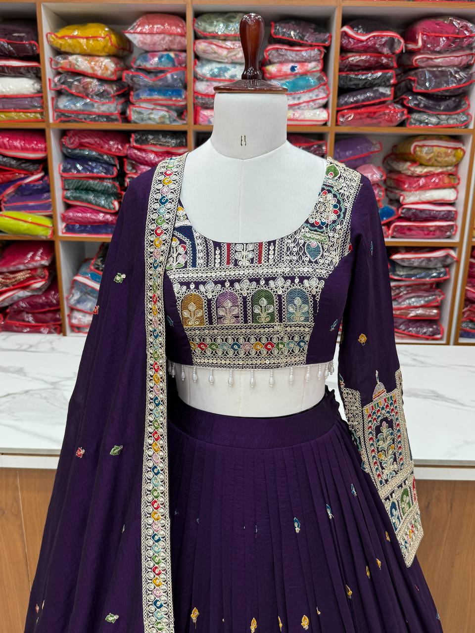 Dark Purple Premium Vichitra Silk Fully Stitched Lehenga Set with Heavy Embroidery & Dupatta
