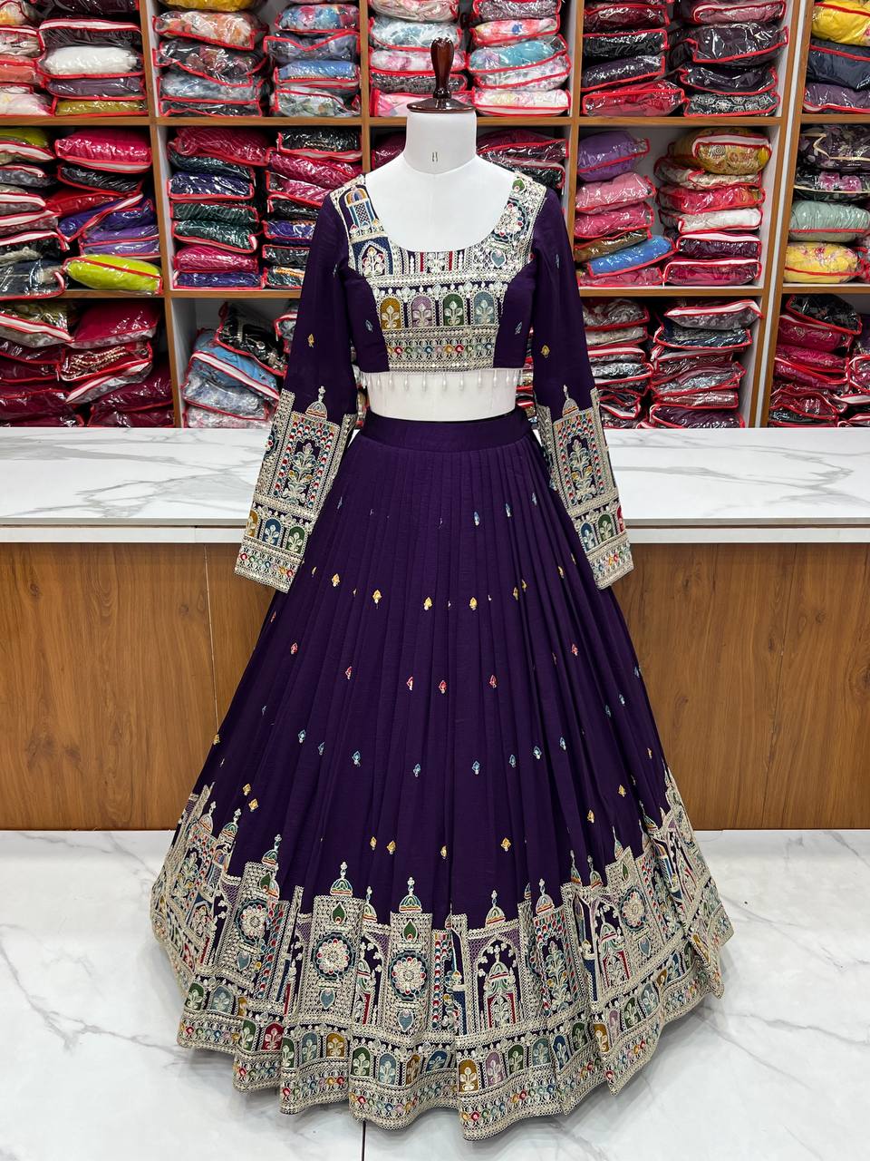 Dark Purple Premium Vichitra Silk Fully Stitched Lehenga Set with Heavy Embroidery & Dupatta