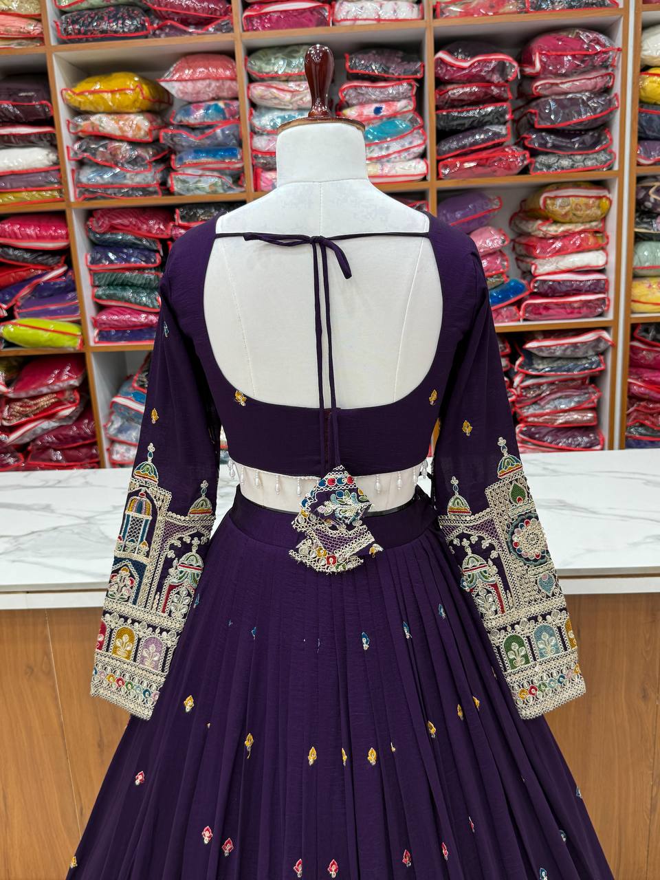 Dark Purple Premium Vichitra Silk Fully Stitched Lehenga Set with Heavy Embroidery & Dupatta