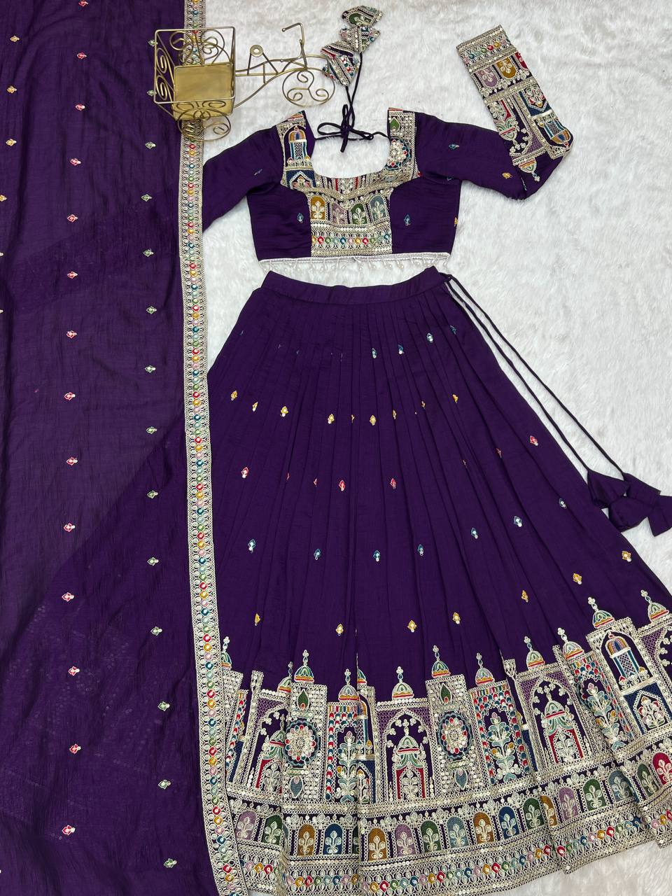 Dark Purple Premium Vichitra Silk Fully Stitched Lehenga Set with Heavy Embroidery & Dupatta
