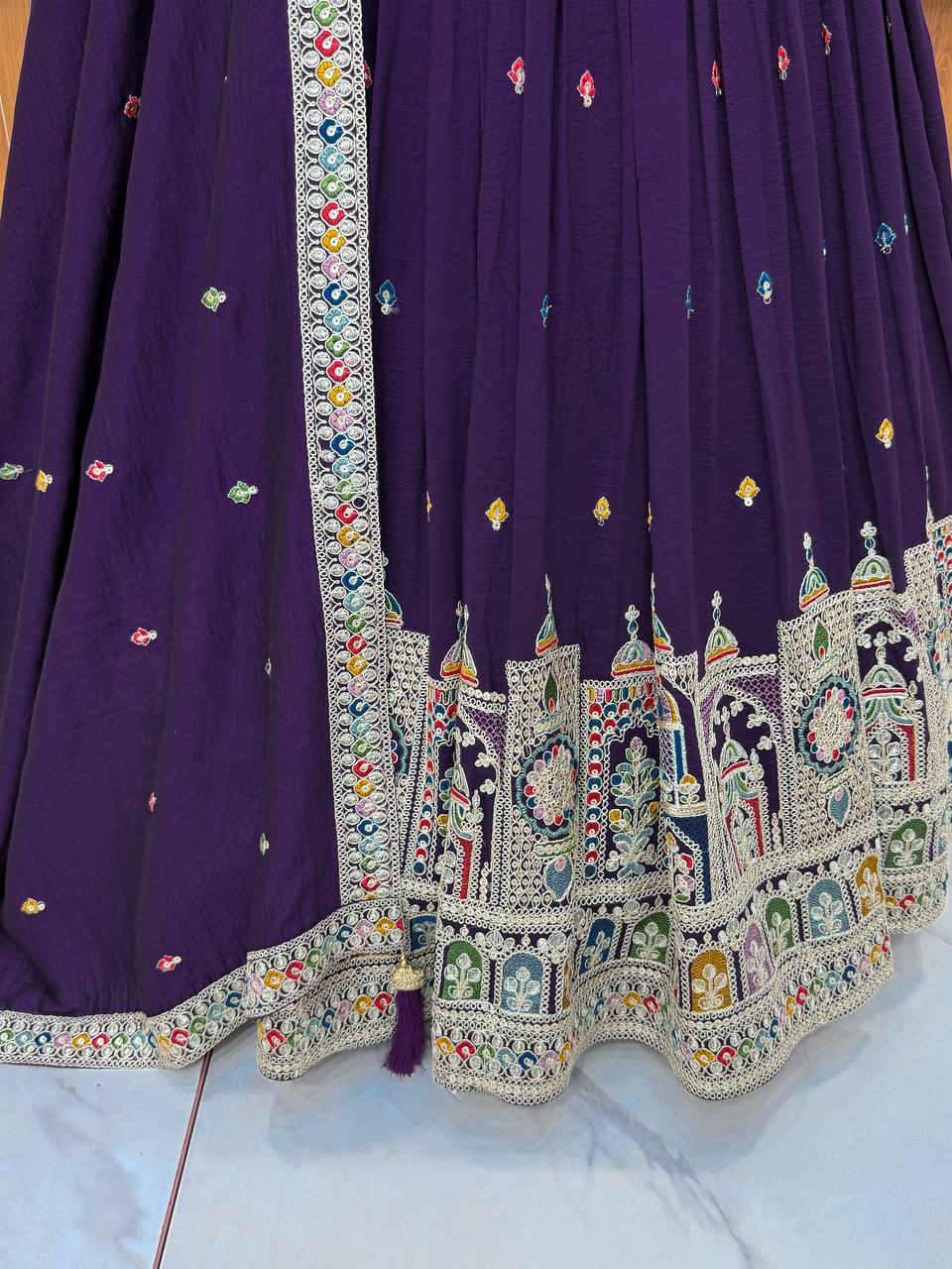 Dark Purple Premium Vichitra Silk Fully Stitched Lehenga Set with Heavy Embroidery & Dupatta