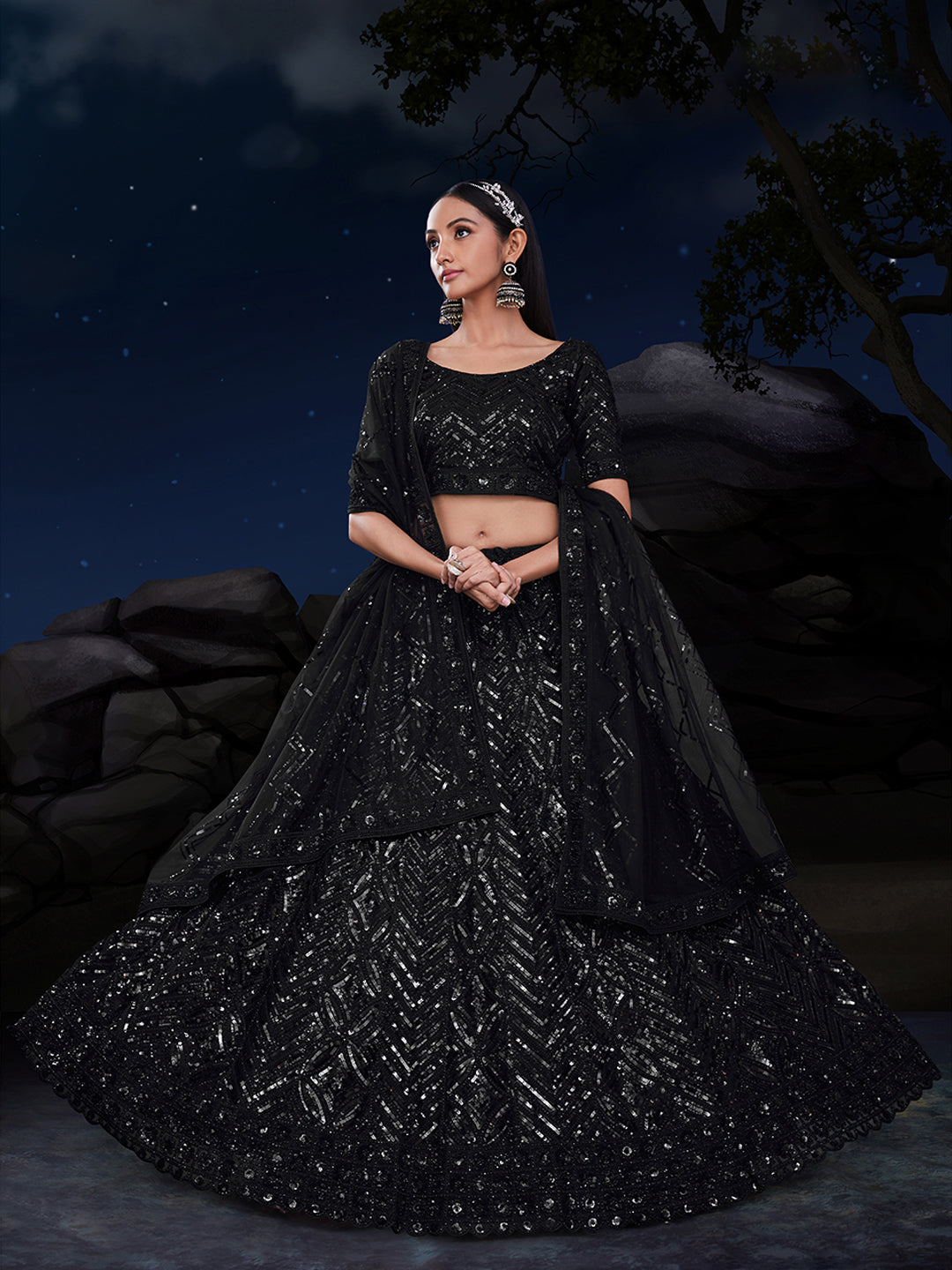 Dazzle in Sequined Elegance Black Net Lehenga Choli Set
