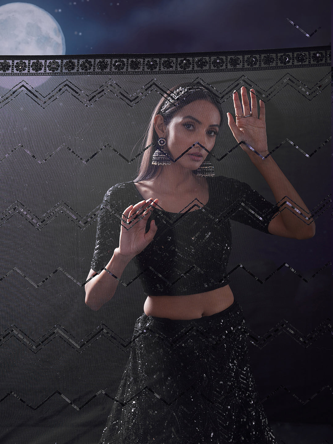 Dazzle in Sequined Elegance Black Net Lehenga Choli Set