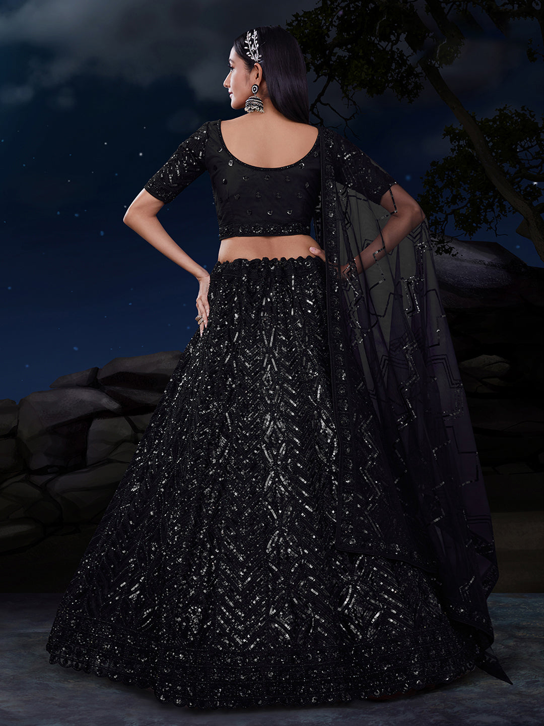 Dazzle in Sequined Elegance Black Net Lehenga Choli Set