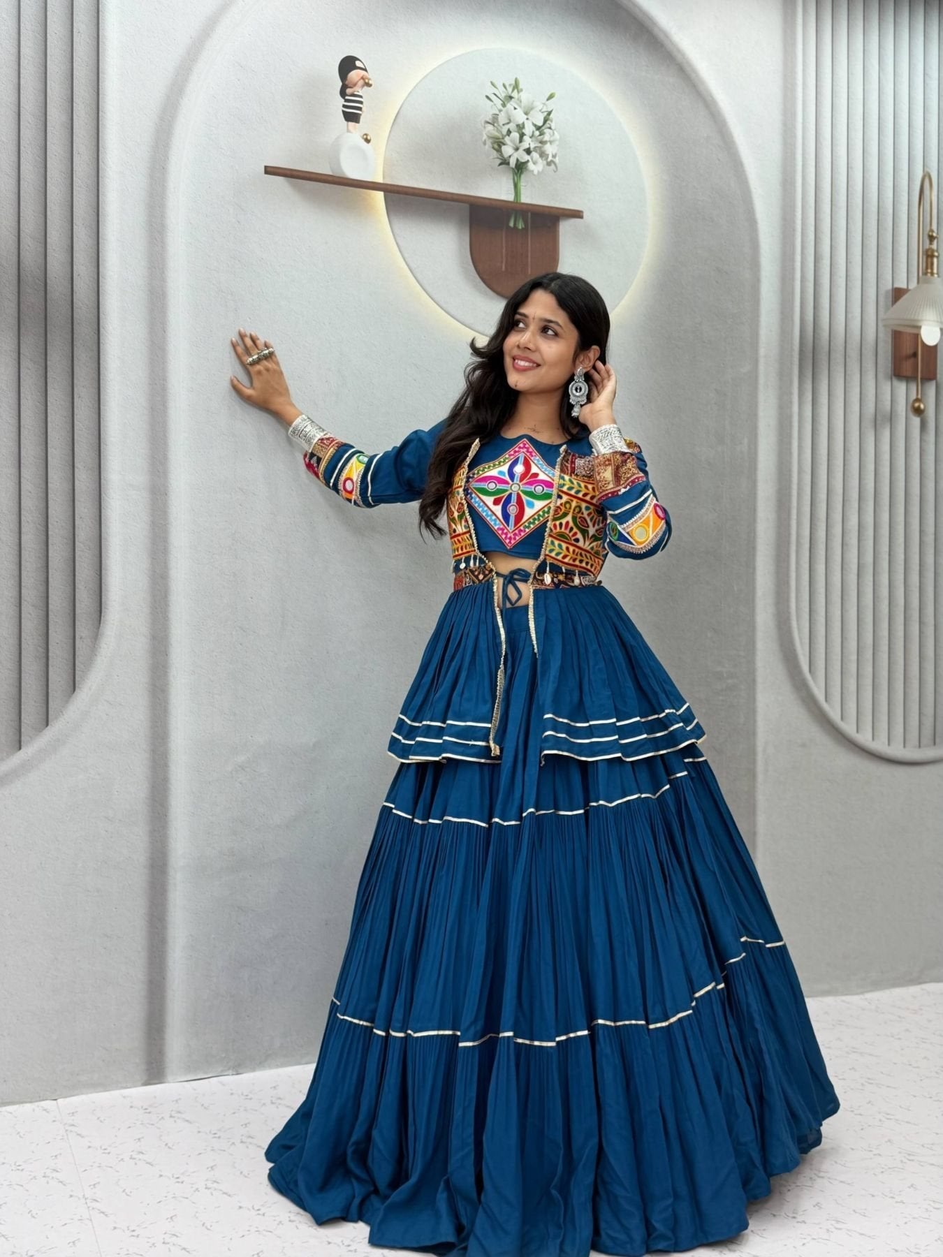 Navratri Gamthi Work Cotton Lehenga Choli with Koti and 9 Meter Flair
