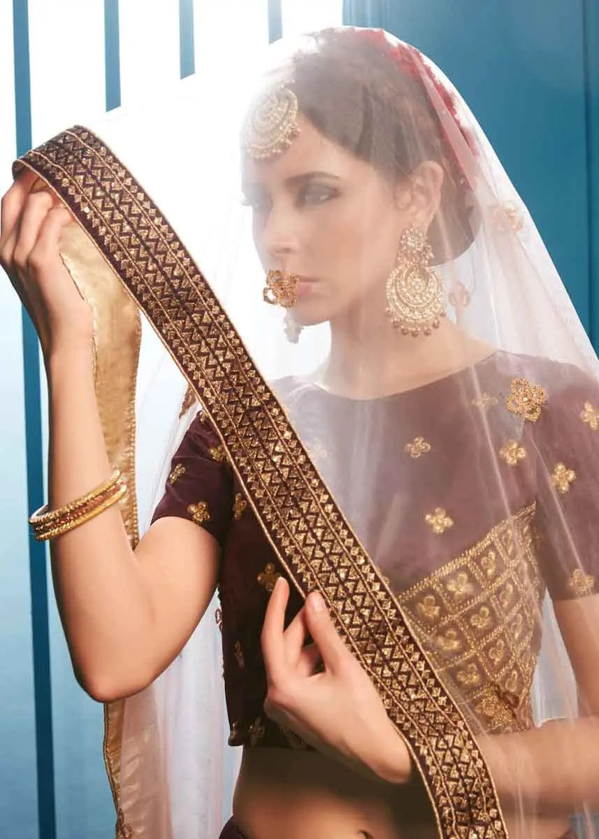 Dazzling brown color satin party wear lehenga choli