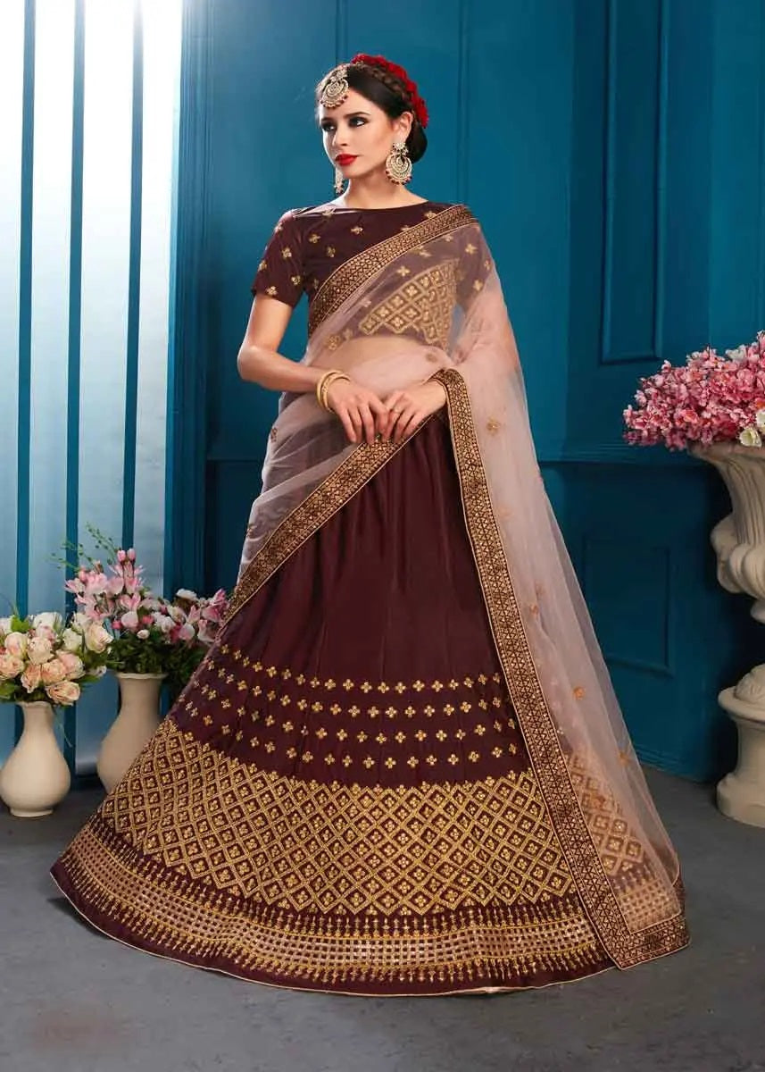 Dazzling brown color satin party wear lehenga choli