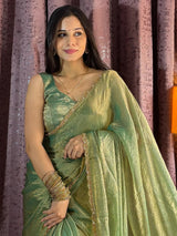 Dazzling Green Beads Hand Work Silk Saree With Blouse