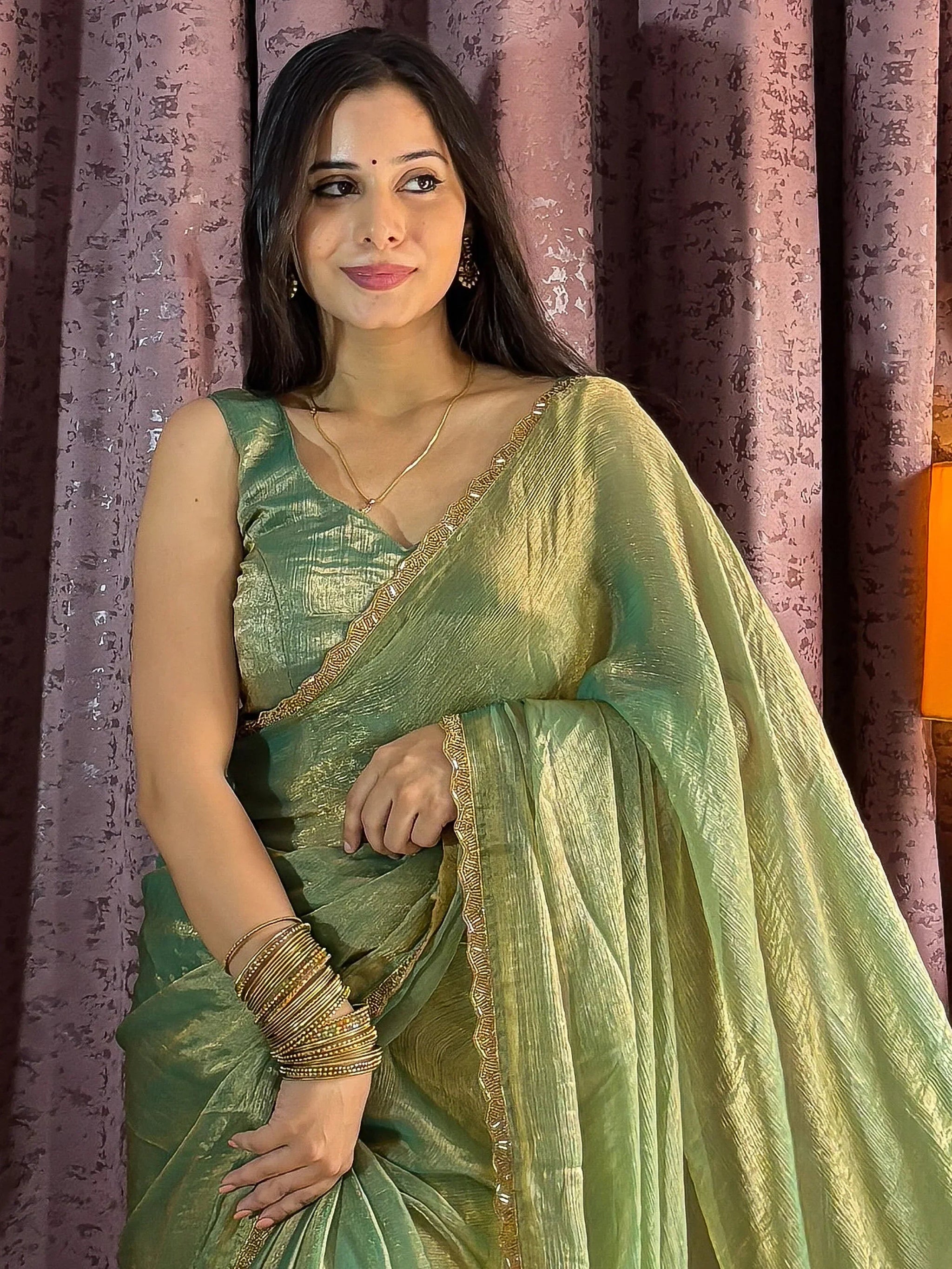 Dazzling Green Beads Hand Work Silk Saree With Blouse