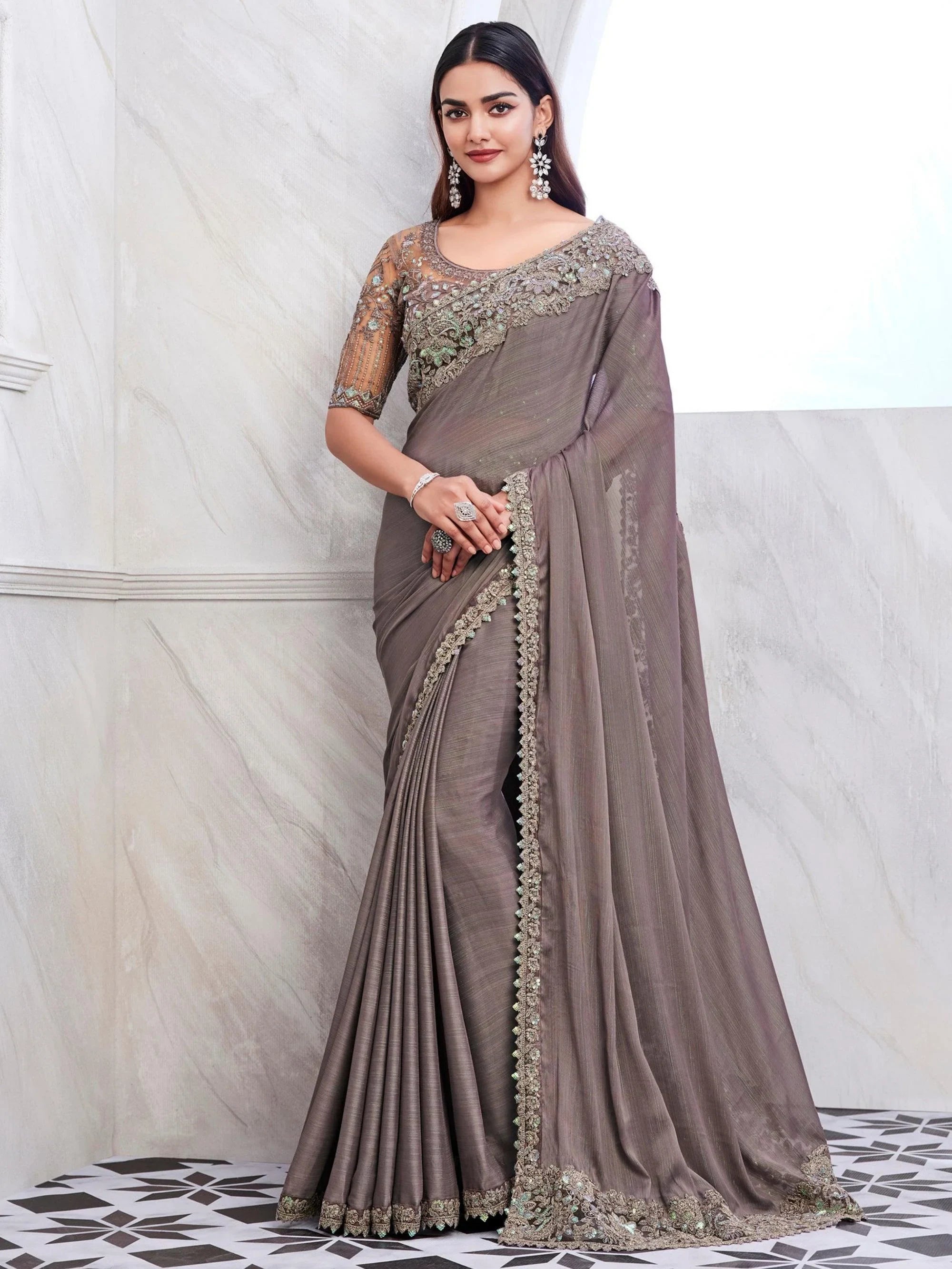 Dazzling Grey Heavy Lace Shimmer Silk Reception Wear Saree