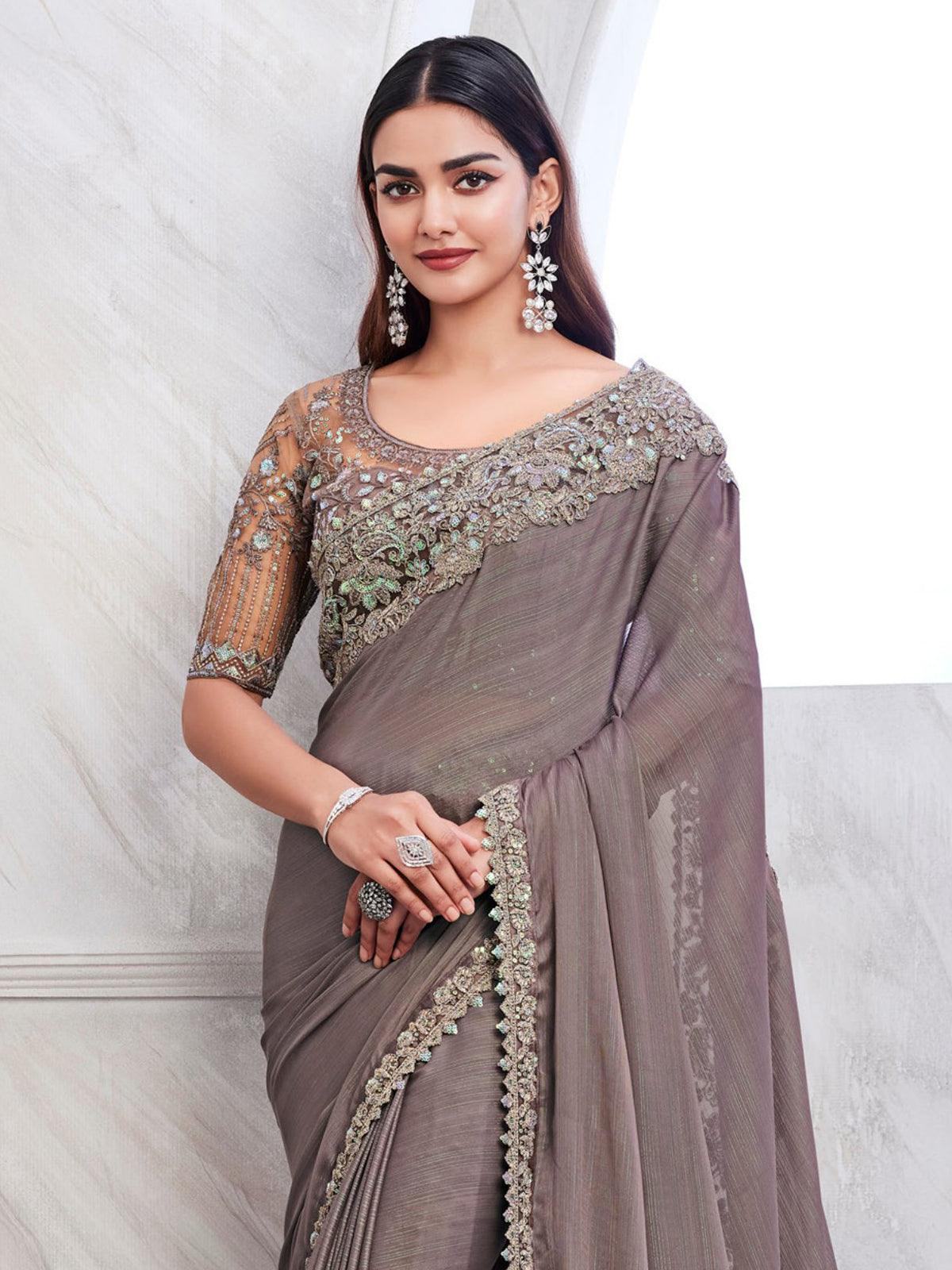 Dazzling Grey Heavy Lace Shimmer Silk Reception Wear Saree