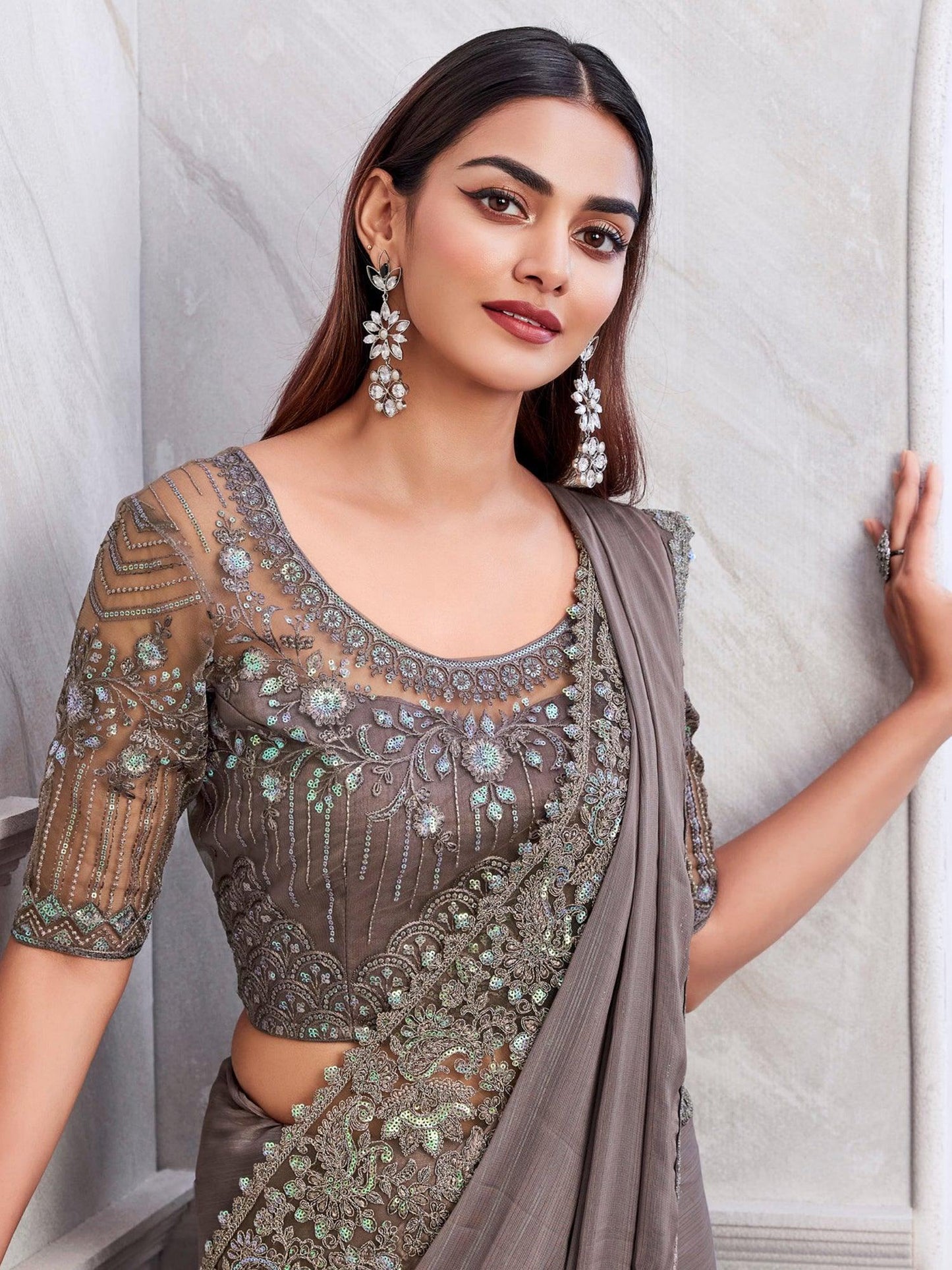 Dazzling Grey Heavy Lace Shimmer Silk Reception Wear Saree