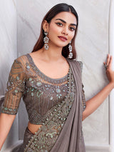 Dazzling Grey Heavy Lace Shimmer Silk Reception Wear Saree
