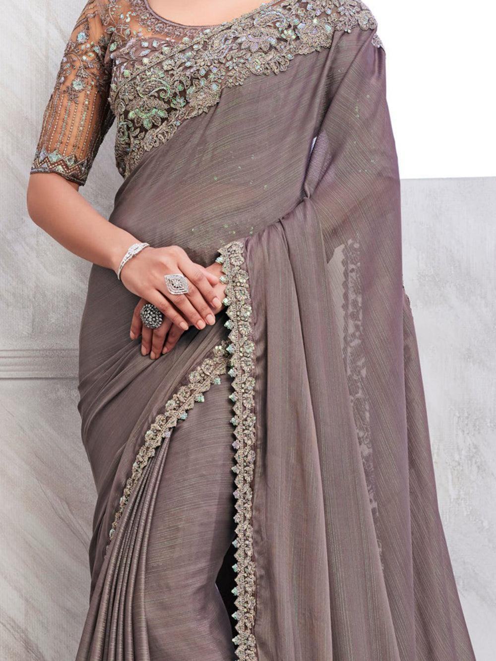 Dazzling Grey Heavy Lace Shimmer Silk Reception Wear Saree