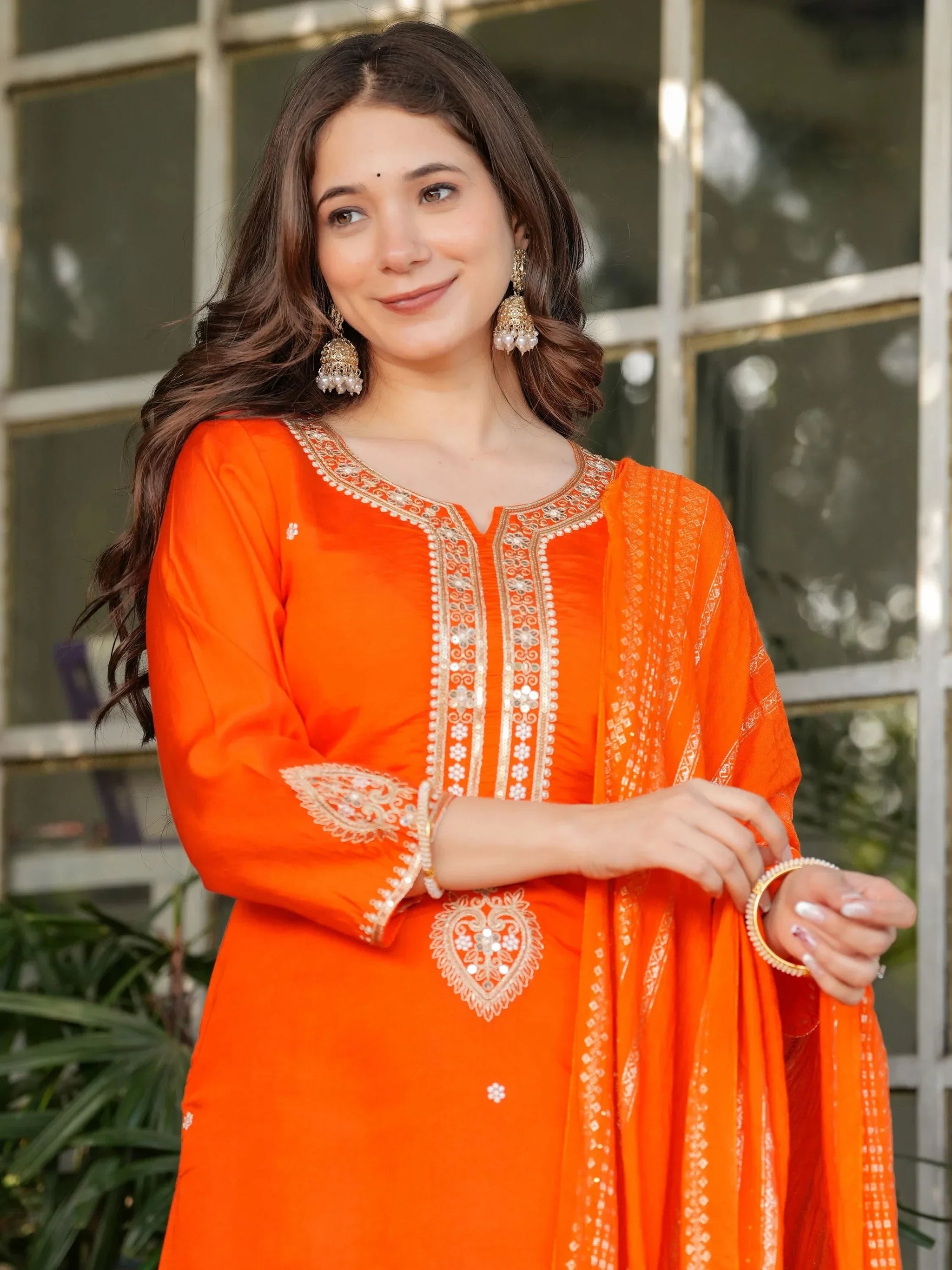 Dazzling Orange Sequins Viscose Silk Traditional Pant Suit
