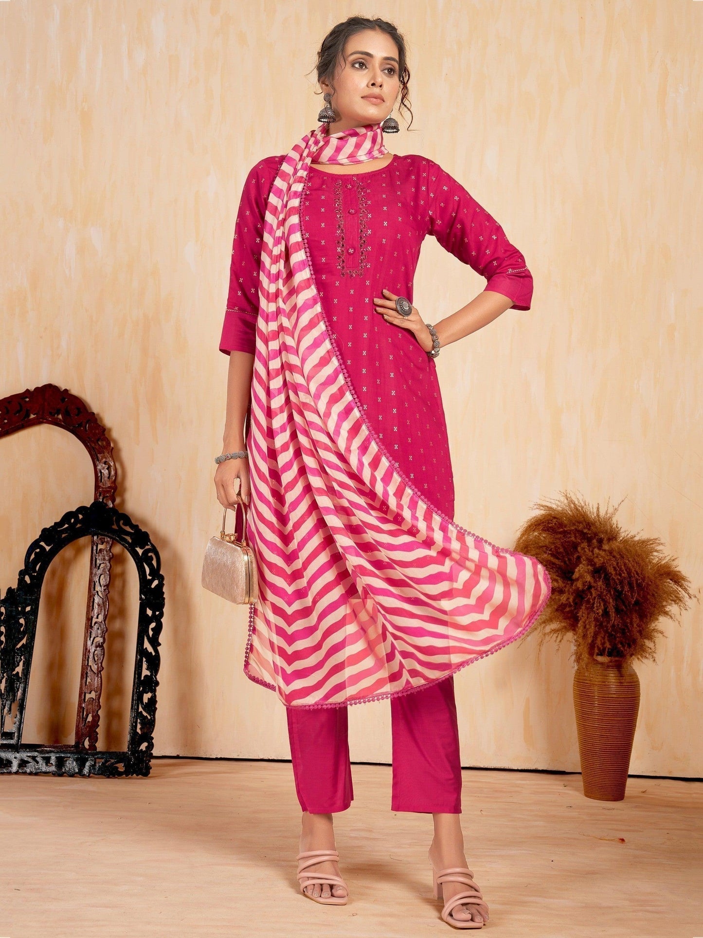 Dazzling Rani Pink Embroidered Silk Event Wear Pant Suit