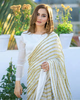 Dazzling White & Gold Striped Sequin Saree - Weave Elegance at Weddings & Parties