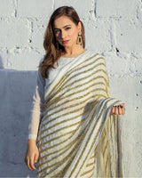 Dazzling White & Gold Striped Sequin Saree - Weave Elegance at Weddings & Parties