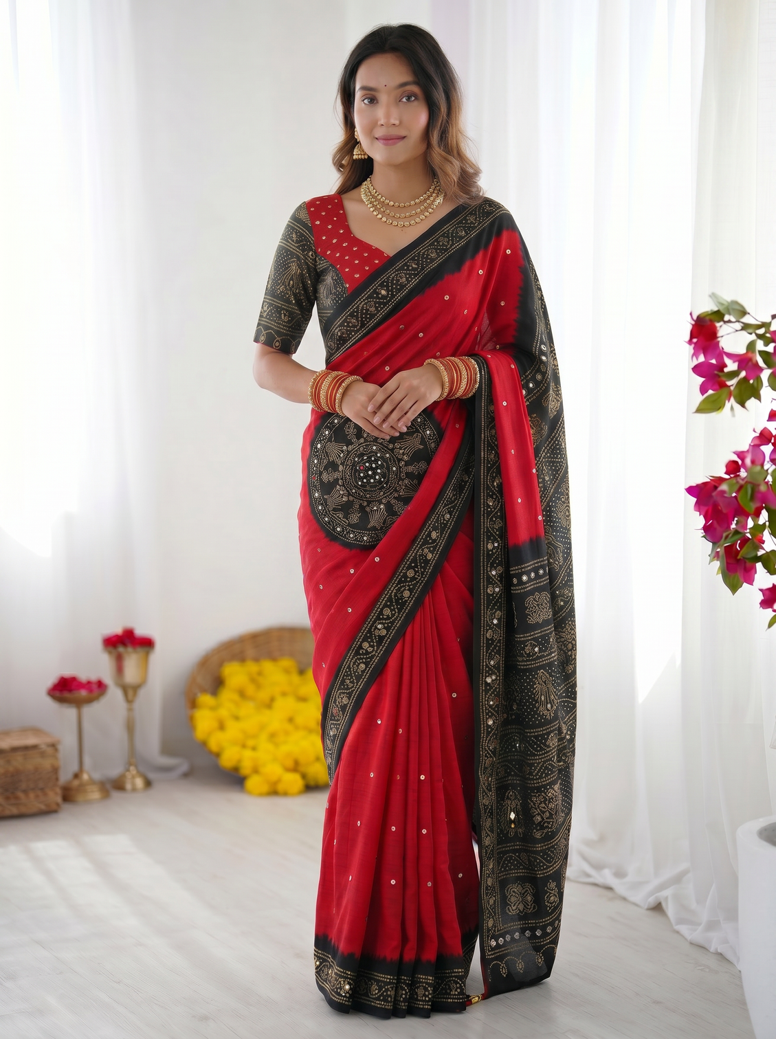 Crimson red black modal silk saree with traditional bandhani inspired motifs stone work heritage folk art pallu