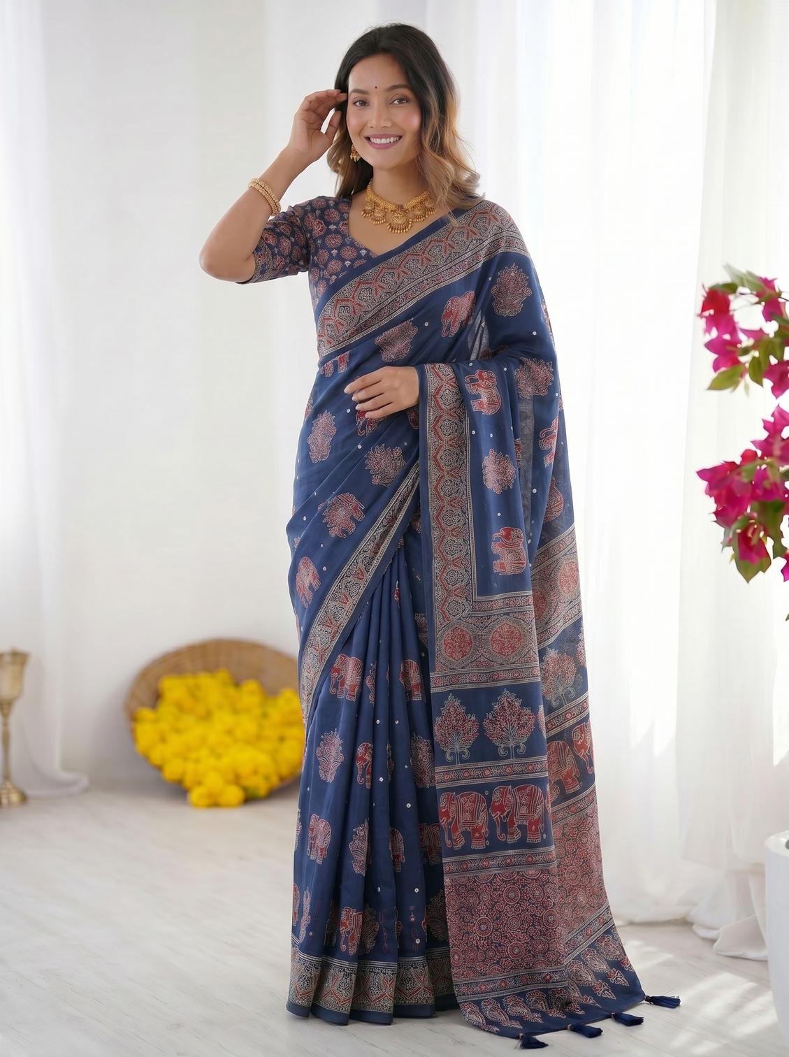Royal blue modal silk saree with elephant motif heritage print designer pallu traditional festive wear saree