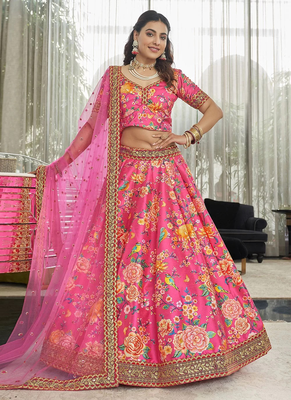 Deep pink art silk digital print with dori sequins and stone work lehenga